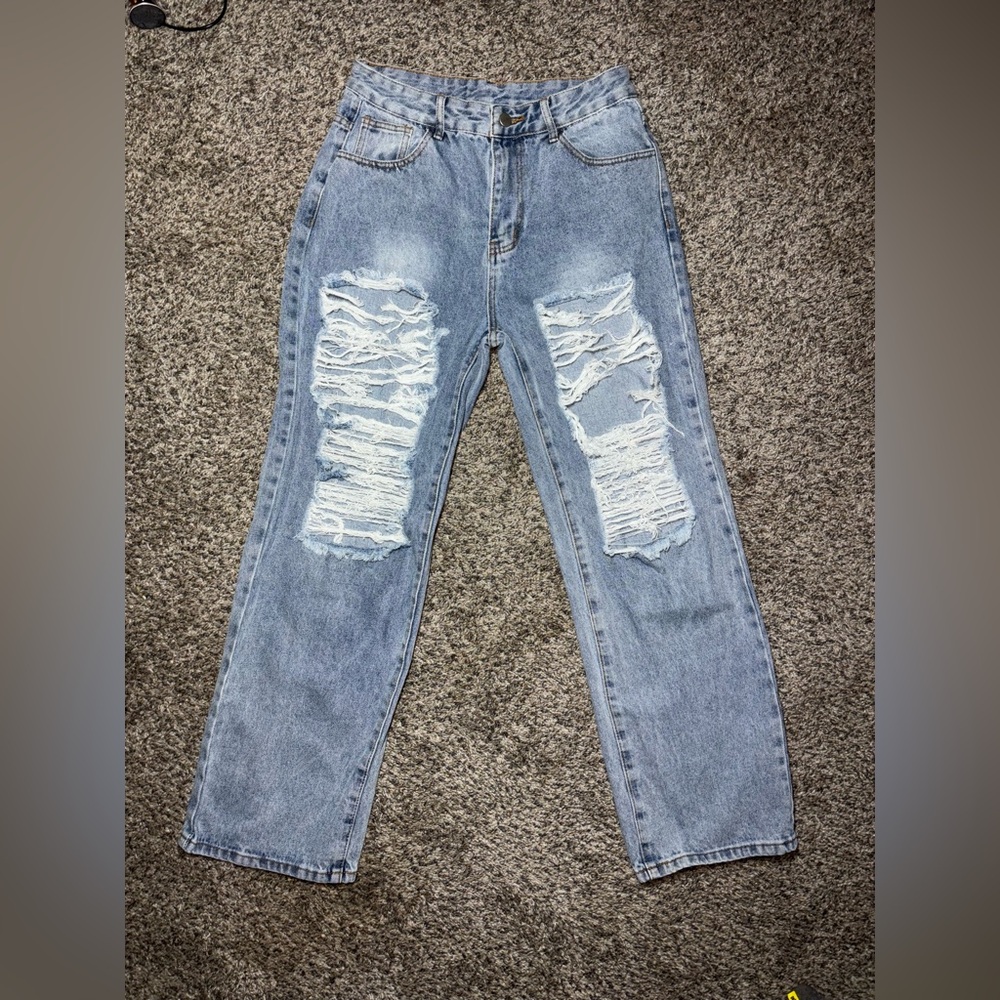 SHEIN Light Blue Distressed Boyfriend Jeans